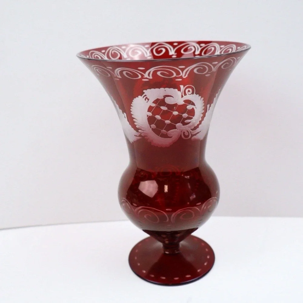Vintage Bohemian Ruby Red Cut to Clear Glass Trumpet Vase 6